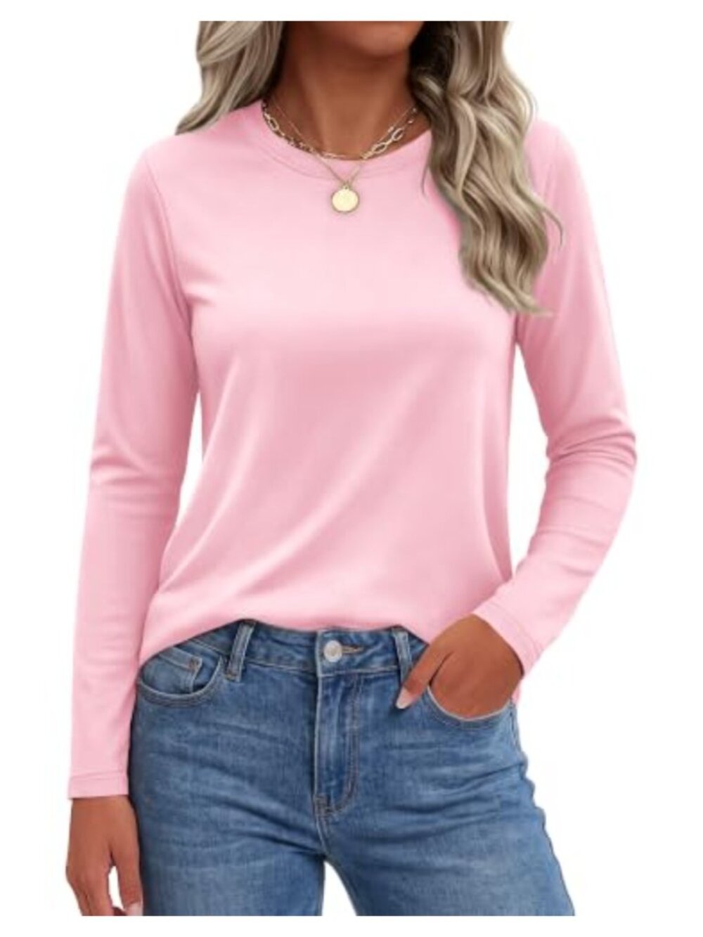 Womens Long Sleeve Cotton Blend Crewneck T-Shirt Activewear Tee